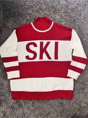 Women’s vintage style “SKI”turtleneck knit oversized red white striped sweater